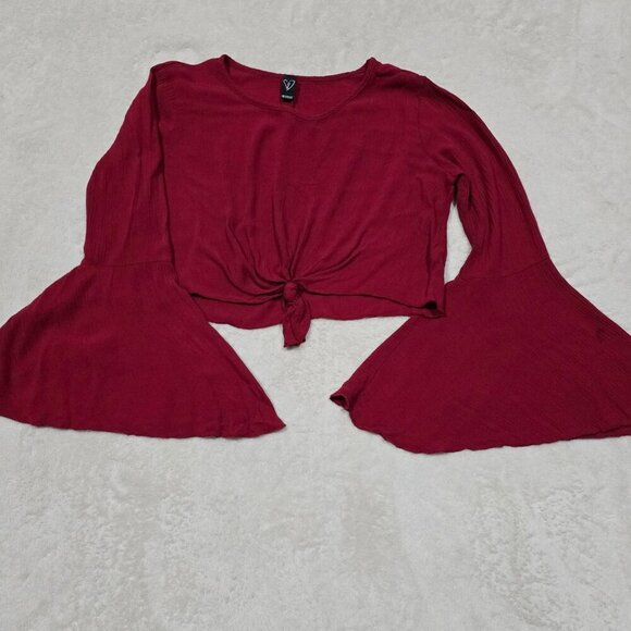 Red Flare Sleeve Crop Top ✦ Windsor Tie-Front Textured Boho Style ✦ Made in USA - Picture 11 of 13
